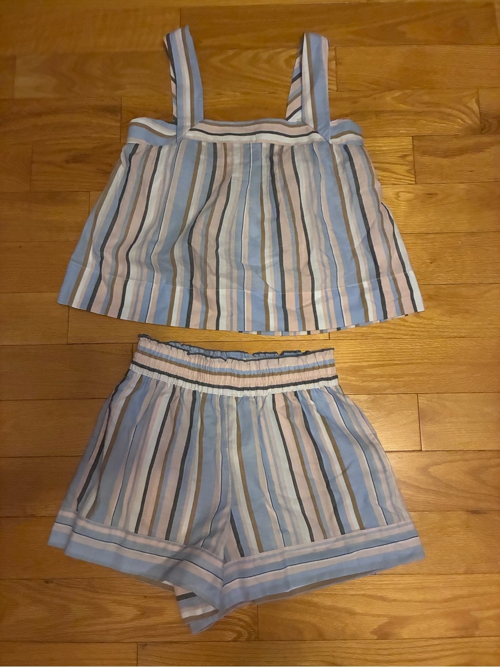 NWT Caroline Constas Blue, White & Tan Striped Two-Piece Shorts Set XS